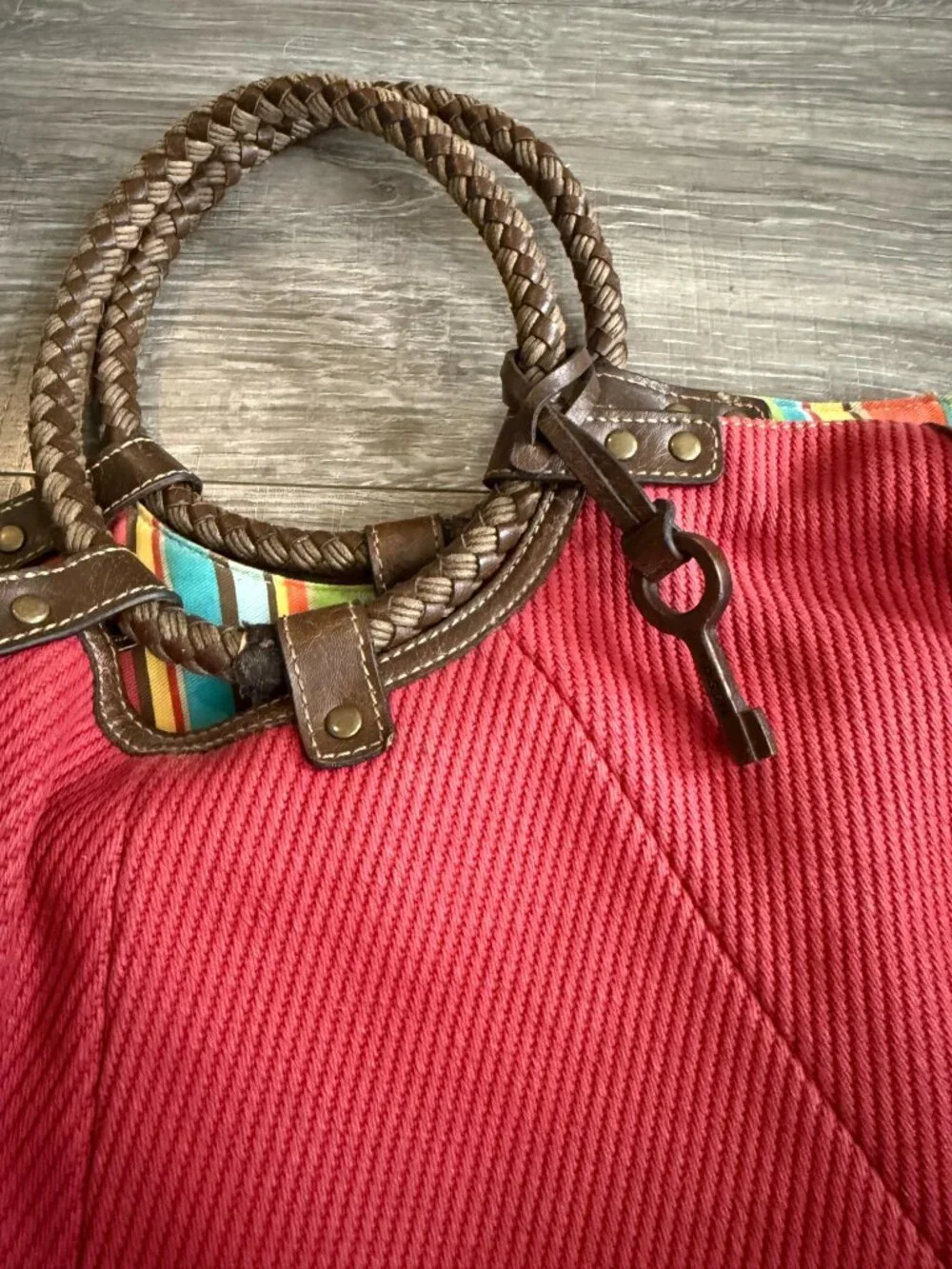 Fossil Textured Canvas Braided Leather Red Brown Hobo Purse